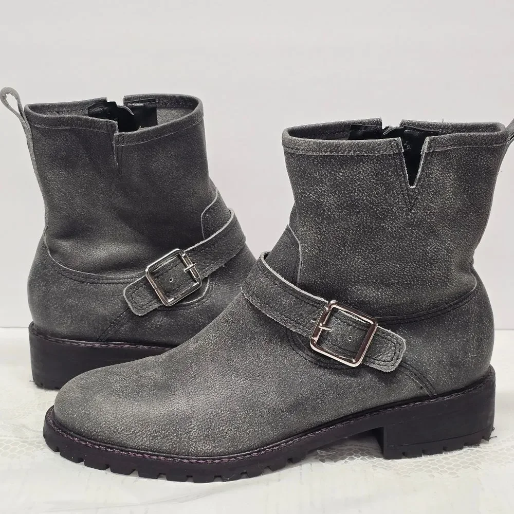 Lucky Brand Kenadie Charcoal Grey Genuine Leather Moto Boots Womens Size 9.5